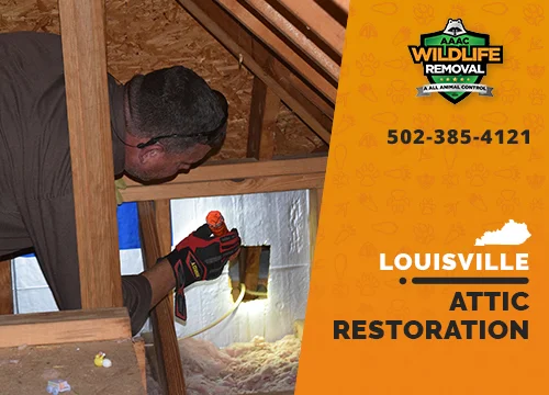 Wildlife Pest Control operator inspecting an attic in Louisville before restoration